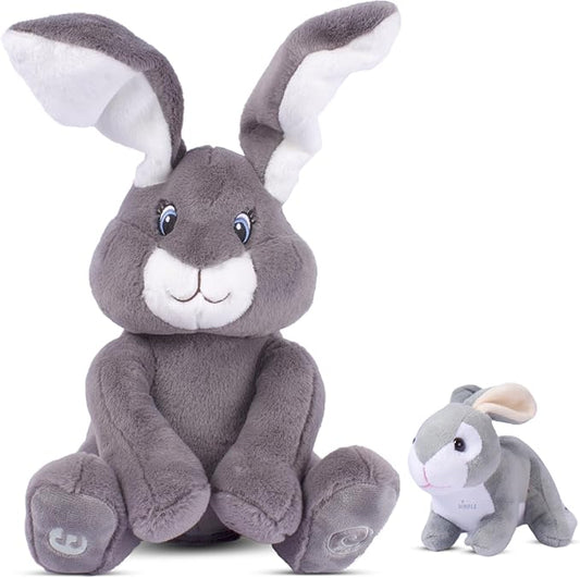 Dimple Bunny Set - Milo Stuffed Bunny Toy, Animated Interactive Rabbit with Peek-a-Boo Feature with Singing Songs and Grey Plush Baby Rabbit, Perfect Baby Plush Toy Gift for Ages 0 an Up