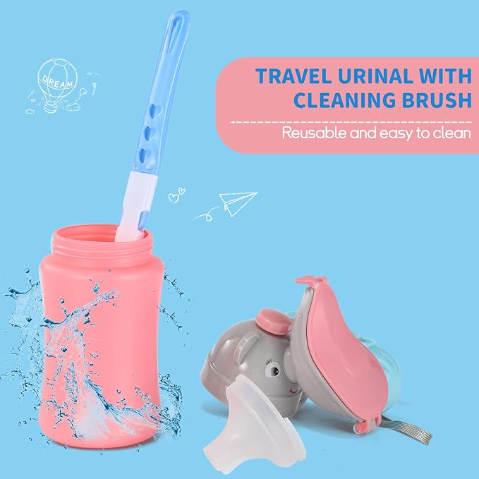 ONEDONE Portable Urinal for Kids 17 OZ Pee Bottle with Clean Brush Travel Urinal for Kids Baby Child Pee Cup for Girls Emergency Toilet for Camping Car Travel and Kid Potty Training (Pink)