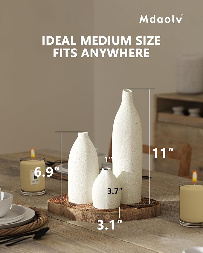 Matte Clay Flower Vase Set of 3 Minimalist Nordic Modern Decorative Ceramic Vases for Home Table Decor, Fireplace Mantel Shelf Entry Way Console Kitchen Island Dining Table Centerpiece (Cream White)