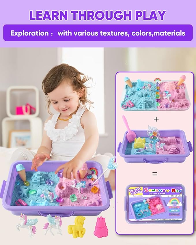 sikmcle Unicorn Sensory Bin Play Sand Kit for Girls Moulds Toddler Sand Art Kit with Sandbox for Kids for Toddlers Ages 3-8