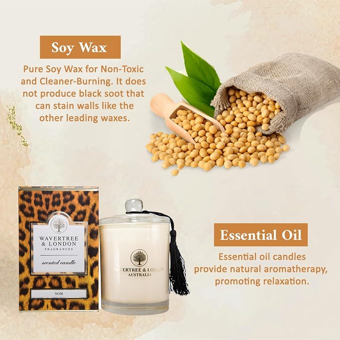 Wavertree & London Organic Noir Scent Soy Wax Candle | Non Toxic 100% Cotton Wick Triple Scented Pure Natural Soy Wax Candles, Hand Poured in Australia | 60 Hours Burning Time, 11.66 Oz