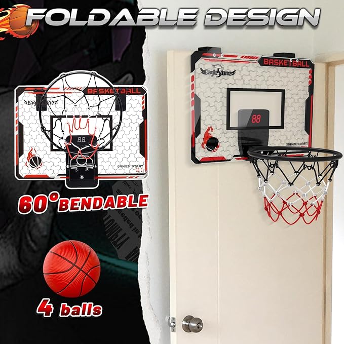 EagleStone Mini Indoor Basketball Hoop with Scoreboard,4 Balls & Pump,Over The Door Bedroom Office Basketball Hoop for 6 7 8 9 10 11 12+ Year Old Kids Boys