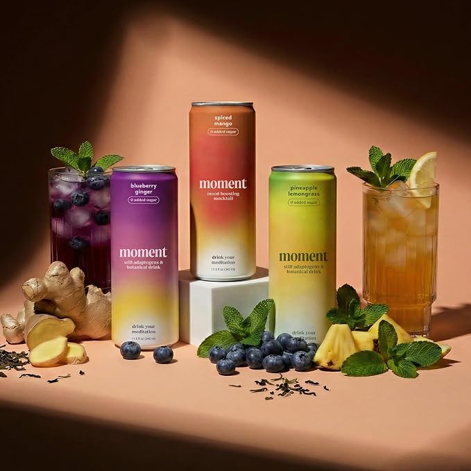 Moment Adaptogen Drink (Shark Tank) - Non Carbonated Botanical Tea - Calm, Clarity & Relaxation with L-Theanine & Ashwagandha - Non Alcoholic Drinks - 0 Sugar 0 Caffeine - 12 Pack 11.5 fl oz