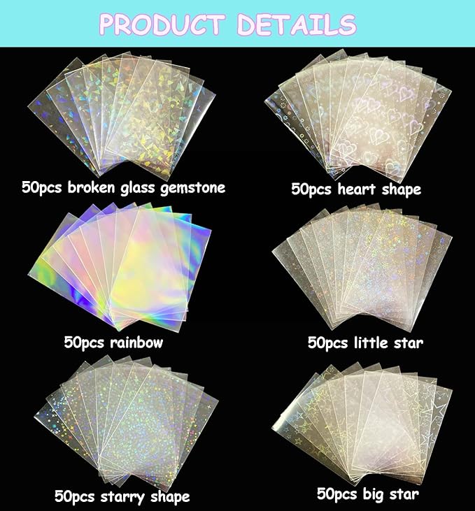 300 Pcs Kpop Photocard Sleeves Laser Flashing Card Sleeves Heart Star Glass Gemstone Rainbow Holographic Trading Card Protector for Photocard Mini Polaroid Kpop Photo Cards