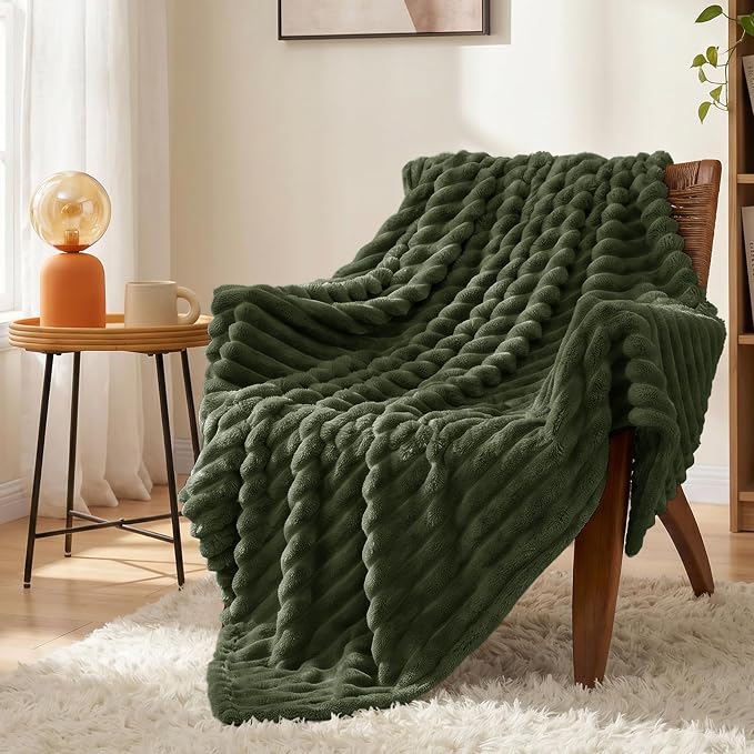 Olive Green Twin Blanket for Bed & Couch, 60 x 80 Inch | 300GSM Ribbed Fleece Blanket, Soft, Cozy & Lightweight, OEKO-TEX Certified, All-Season Use for Travel, Dorm & Home Decor