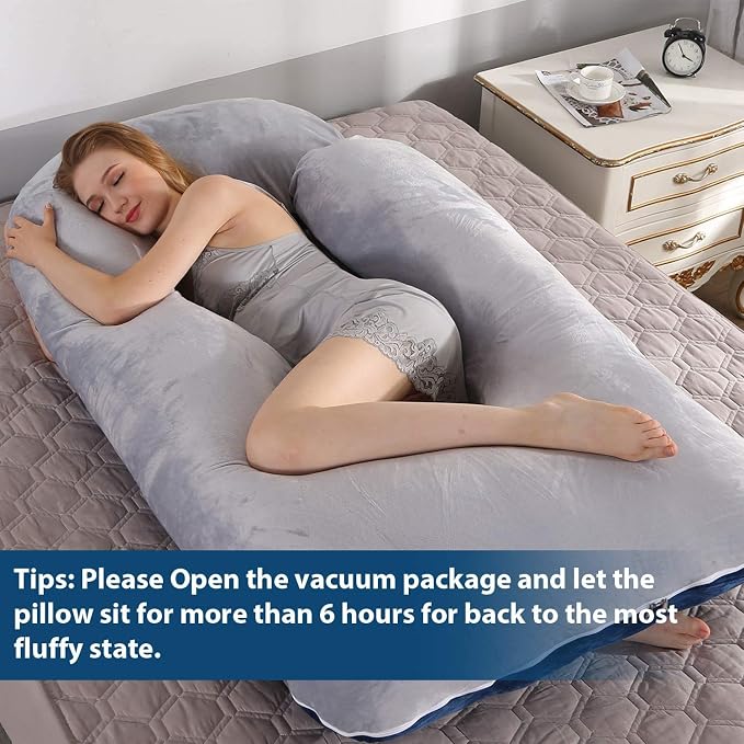 U-Shaped Full Body Pregnancy Pillow for Sleeping – 57" Maternity Pillow with Removable Cover, Support for Back, Legs, Belly & Hips (Velvet-Blue and Grey)