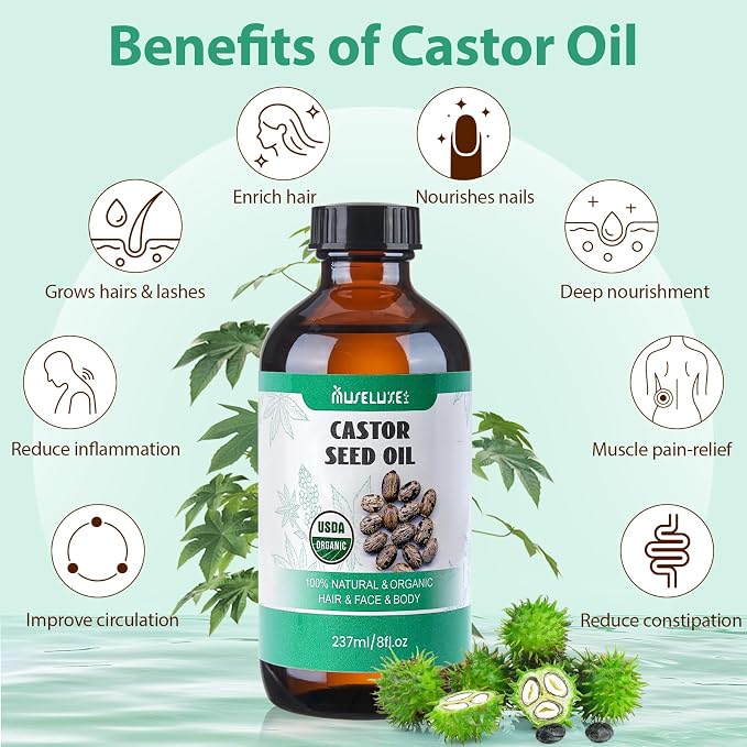 40 Pcs Castor Oil Patches with Castor Oil Organic Cold Pressed Unrefined Glass Bottle(8oz),Cotton Caster Oil Pack Wrap for Waist Back Neck Arm Belly,Self-Adhesive for Convenient Use