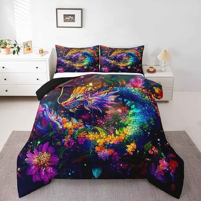 Feelyou Dragon Comforter Set Twin Size Flower Dragon Comforter for Boys Girls Teens Wild Life Bedding Set Dragon Decor Duvet Set Room Decor Clorful Quilt Set