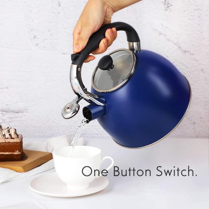 Rorence Stainless Steel Tea Kettle: 2.6 Quart Whistling Kettle with Capsule Bottom & Heat-resistant Glass Lid – Navy Blue
