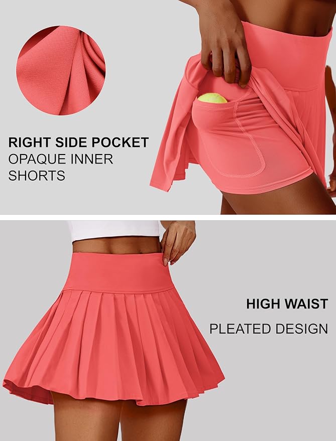 PINSPARK Pleated Tennis Skirts Mini Athletic Golf Skorts with Pocket | 14", High Waist, Lightweight, Quick Dry, Stretchy, Inner Shorts, Sun Protection, Pickleball, Casual, for Women