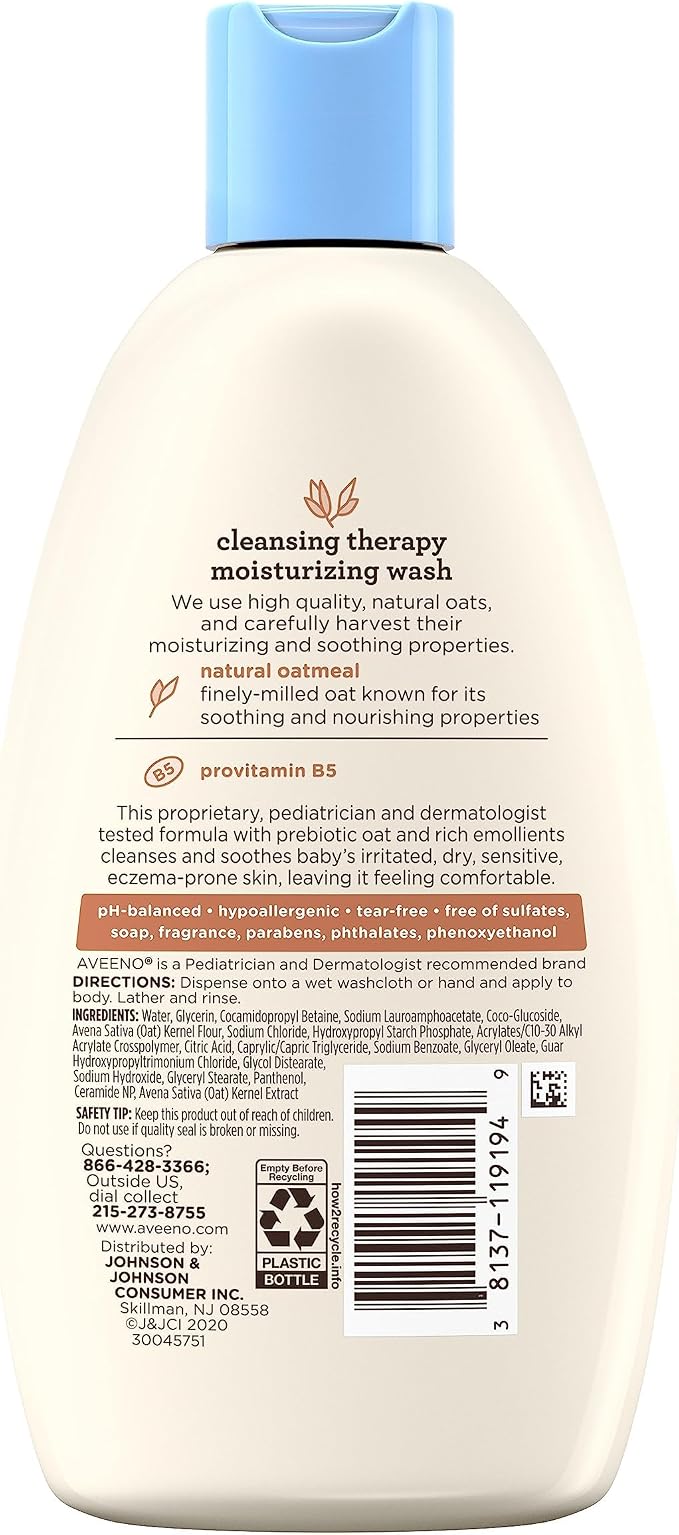 Aveeno Baby Cleansing Therapy Moisturizing Baby Body Wash with Natural Oatmeal & ProVitamin B5, Gentle Tear-Free Baby Bath Wash for Sensitive & Eczema-Prone Skin, Hypoallergenic, 8 oz (Pack of 12)