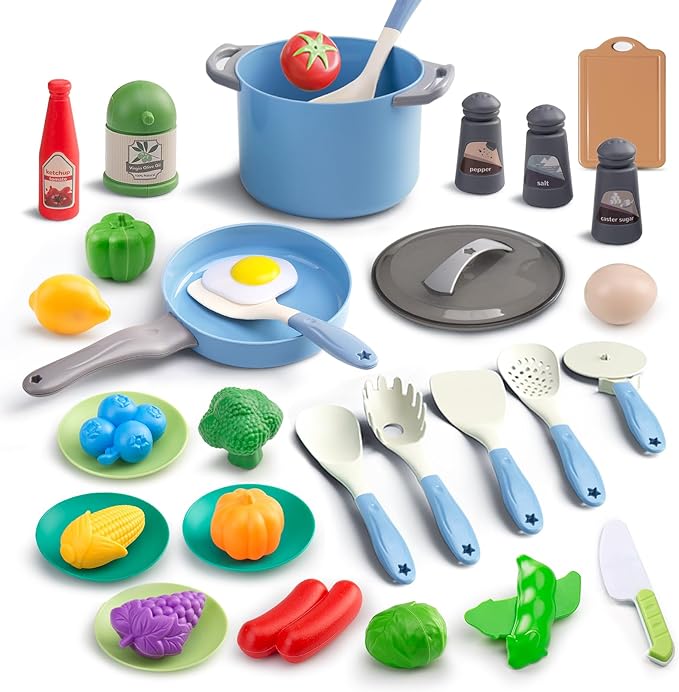 35Pcs Kids Kitchen Toy Accessories, Toddler Pretend Cooking Playset with Play Pots, Pans, Utensils, Cookware, Play Food Set, Toy Vegetables, Learning Gift for Girls & Boys (Blue)