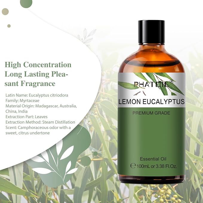Lemon Eucalyptus 3.38fl.oz Essential Oil, PHATOIL Pure Aromatherapy Oils for Diffuser, Humidifier, Perfect for DIY Soap, Candle, Bath Bombs Making(100ml)