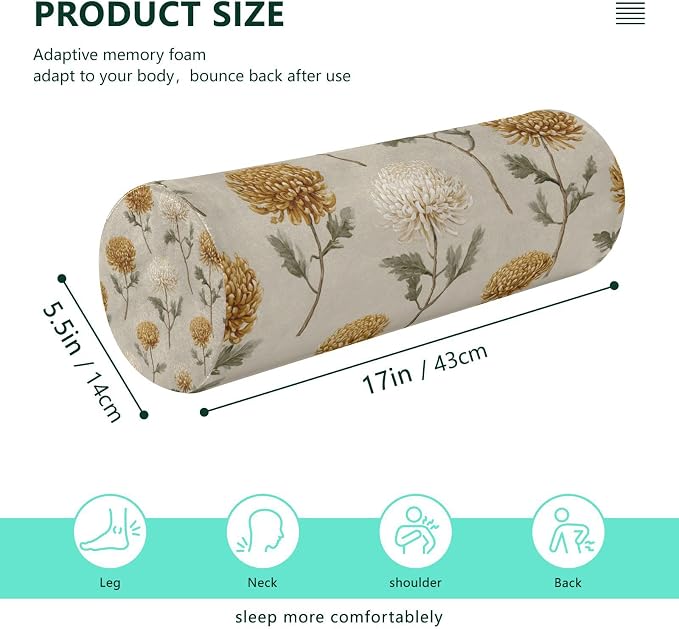 Beige Vintage Chrysanthemum Neck Roll Pillow Bolster Round Health Memory Foam Long Cervical Cylinder Pillows with Removable Washable Cover for Body Bed Legs Back Yoga