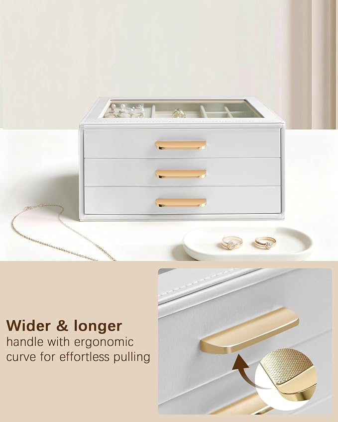 Homeanda Jewelry Boxes Organizer with Glass Lid, 3-Layer PU Leather, White | Modern style display case with 3 drawers for daily jewelry, women, mom or girl gift