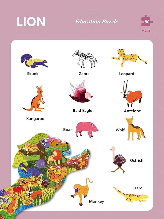 Jigsaw Puzzles for Kids Ages 4-8, 8-10, Colorful Animal Shaped Puzzle Floor Puzzles Children Learning Educational Toys Games Gifts for Boys and Girls (Lion-80 PCS)