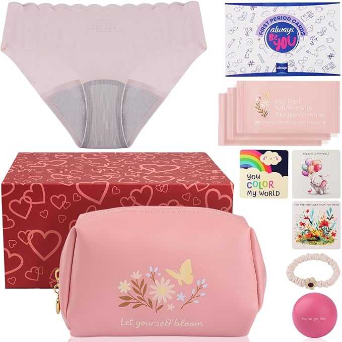 First Period Kit for Girls 9-12.Tween Period Starter Kit with spare Underwear, Educational Guide & Card in Gift Box - Thoughtful Puberty Gift (M)