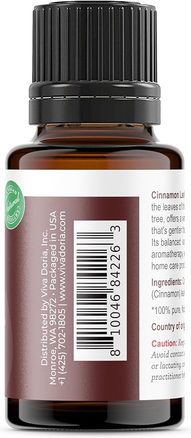 Viva Doria Cinnamon Leaf Essential Oil, 100% Pure, Natural Cinnamon Essential Oil, Undiluted, for Aromatherapy | Food Grade, 15 mL (0.5 Fluid Ounce)