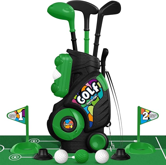 Liberry Toddler Golf Set with Putting Mat for Boys Girls Age 2 3 4 5, Upgraded Kids Golf Cart with Shoulder Strap Design, Outdoor Indoor Sports Toys for Birthday, Black