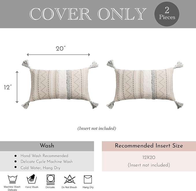 Decorative Lumbar Throw Pillow Covers 12x20 Combo Set of 2 Gray Rectangular Boho Accent Pillowcase Neutral Grey Farmhouse Cushion for Couch Sofa Bedroom Living Home Décor Cover ONLY