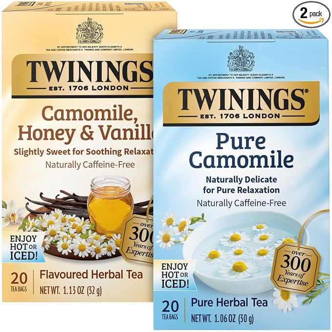 Twinings Camomile Herbal Tea Bag Variety 2-Pack – Pure + Honey & Vanilla Naturally Caffeine-Free Teas, 20 Count Each
