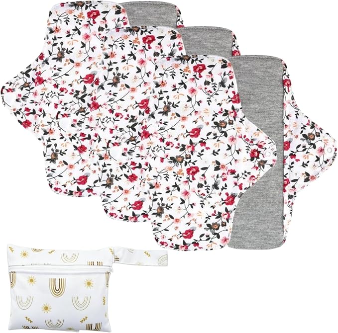 Washable Menstrual Pads,Reusable Incontinence Pads,Panty Liners Pads,Period Pads Sanitary Napkins,with 1 Storage Bag,for Women Postpartum/Incontinence Patients(Graphene Red flower/L/6pcs)