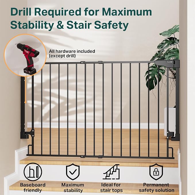 Cumbor Expandable 31.6-48" Baby Gate for Stairs, Hardware Mounted, 2-in-1 No Bottom Bar Dog Gate Indoor, Pet Gate for Doorways with Large Walk Thru Door, Child-Proof Safety Gate for Kids (Black)