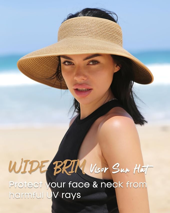 FURTALK Womens Sun Hat with Ponytail Hole Wide Brim Beach Straw Visor | Foldable & Packable for Beach Vacations, Adjustable Fit for Messy Buns, Detachable Windproof Strap, Sweat-Wicking Inner Band