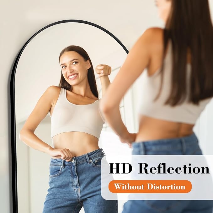 OLIXIS Arched Full Length Mirror with Stand, Full Body Mirror, 60"x16" | Aluminum Alloy Thin Frame, Floor Hanging or Leaning Wall, Bedroom Living Room, Black