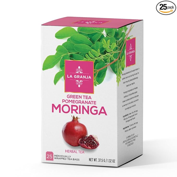 Life Plus Style Gourmet La Granja Green Tea Pomegranate Moringa Tea 25 Individually Wrapped Tea Bags Green Tea with Moringa Hibiscus and Pomegranate Herbal Blend