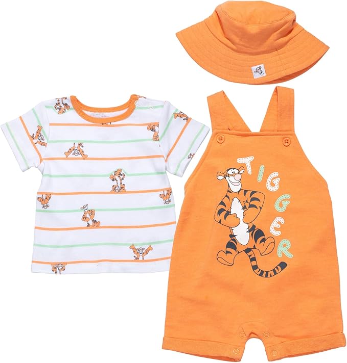 Disney Winnie the Pooh Baby Short Overalls, T-Shirt & Hat 3 Piece Outfit Set Newborn to Infant Sizes (0-24 Months)