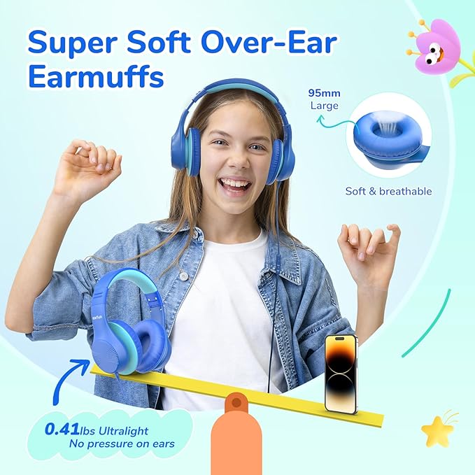 EarFun K3 Kids Headphones, Over Ear Headphones with Microphones, 85/94dB Safe Volume Limit, HD Stereo Sound, 3.5mm Jack, Foldable Wired Headphones for School/Travel/Boys/Girls/Tablet/iPad, Blue