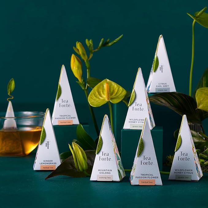 Tea Forte Premium Presentation Box Gift Set Sampler, 20 Count, Assorted Blends Individually Wrapped Handcrafted Pyramid Infuser Bags, Demoiselle Tea
