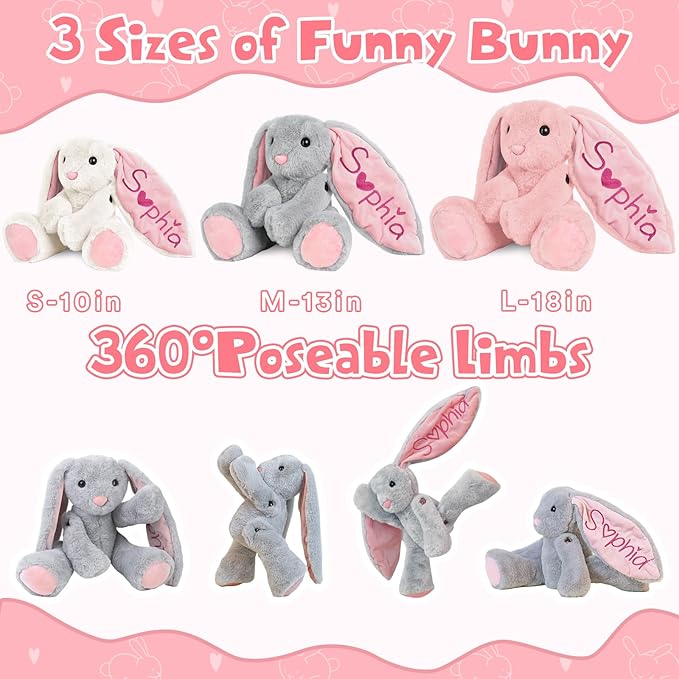 Personalized Bunny Plush Stuffed Animal with Embroideried Name Custom Toddler Stuffed Rabbit Doll Kids Bunny Plush Toys Personalized Baby Girls Boys Newborn Gifts for First Birthday Easter