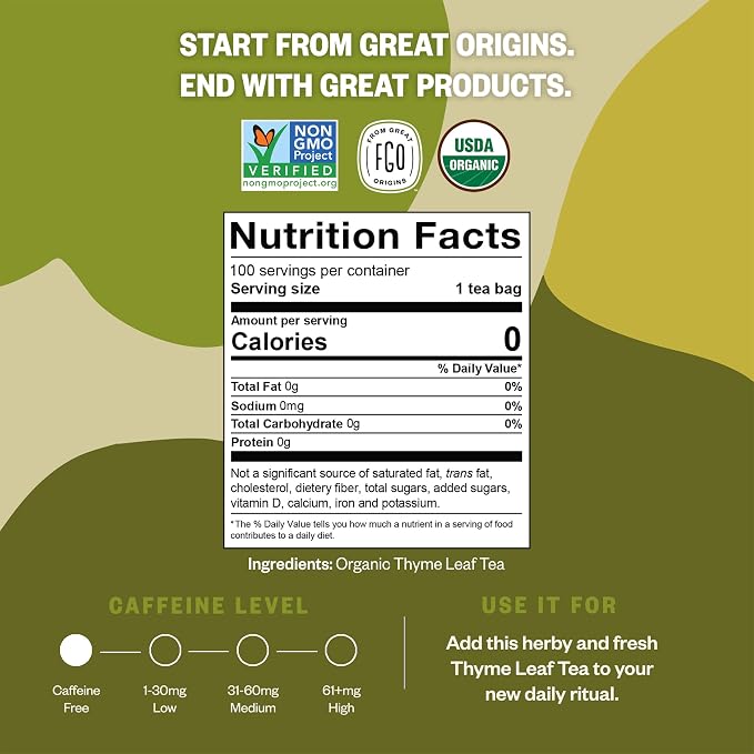 FGO Organic Thyme Leaf Tea, 100 Count, Eco-Conscious Tea Bags, Caffeine Free, Resealable Bag, Packaging May Vary (Pack of 1)