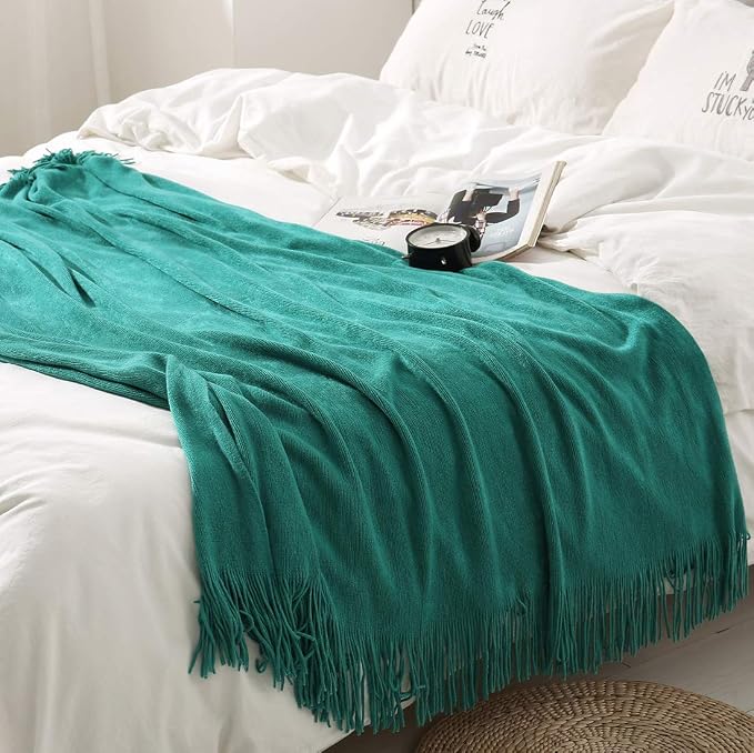 Homiest Teal Knitted Throw Blanket with Fringe, 50x60 Inch | Pure Acrylic, Lightweight & Breathable, All-Season Use, Machine Washable, Wrinkle & Fade Resistant, for Couch Sofa And Bed