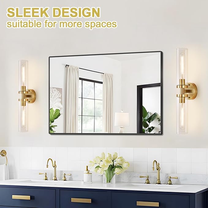 Wall Sconces Set of Two, Hardwired Brushed Gold Bathroom Sconces Wall Lighting with Clear Glass, Modern Sconces Wall Decor Set of 2 Bathroom Light fixtures for Mirror Hallway (Bulbs Not Included)