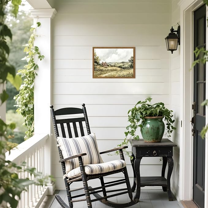 Framed Vintage Canvas Wall Art, Cottage Landscape Wall Decor Paintings, Rustic Farmhouse Pictures Prints Aesthetic Home Decor for Living Room Bedroom Bathroom 12x16 inch