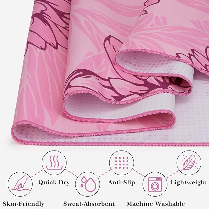Yoga Towel Hot Yoga Mat Towel with Corner Pockets, 74 x 26 inch, Non-Slip Sweat-Absorbent Soft Microfiber Yoga Blanket for Pilates, Fitness and Workout, Pink