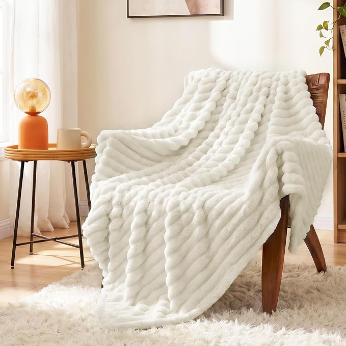 Cream White Throw Blanket for Couch & Bed, 50 x 60 Inch | 300GSM Ribbed Fleece Blanket, Soft, Cozy & Lightweight, OEKO-TEX Certified, All-Season Use for Travel, Dorm & Home Decor