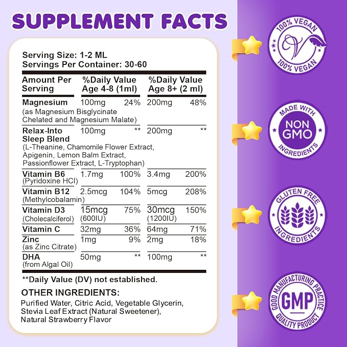 2 Pack Magnesium Glycinate Liquid for Kids - Magnesium Bisglycinate Drops with L-Theanine, Chamomile & Vitamin B6, B12, C, D3 for Sleep, Relaxation, Immune Support, Calm & Focus - 4 Fl Oz, Strawberry