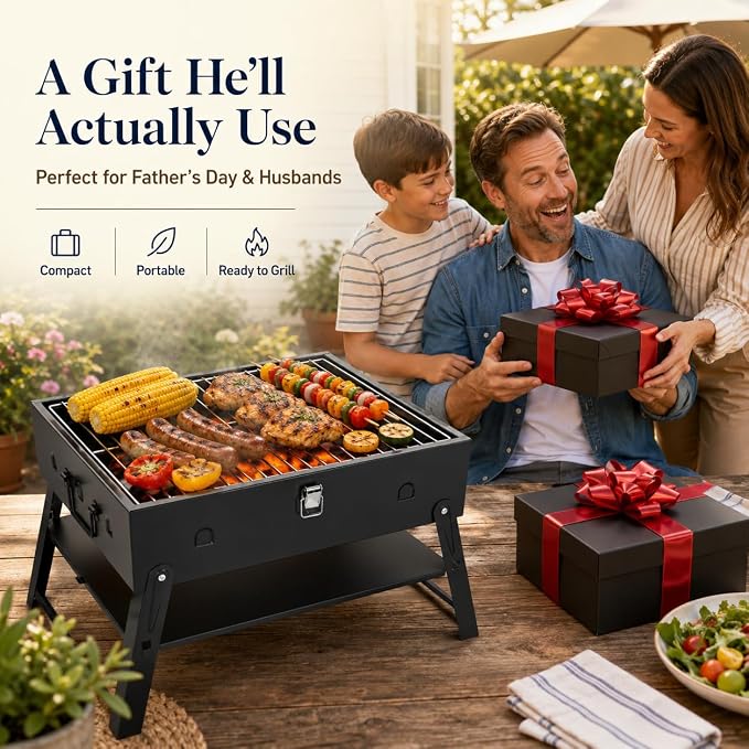 Portable BBQ Charcoal Camping Grill: Tabletop Folding Barbecue Grills | with Stainless Steel BBQ Grilling Tool Set, Fathers Day Birthday Grilling Gift for Men Dad Husband