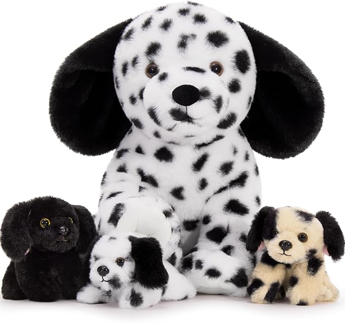 Muiteiur 4 Pcs Dog Stuffed Animals, Soft Mommy Dalmatian Stuffed Animal with 3 Puppies, 11.8 Inch Spot Stuffed Animal Dogs, Cute Plush Toys Gift for Kids Boys Girls