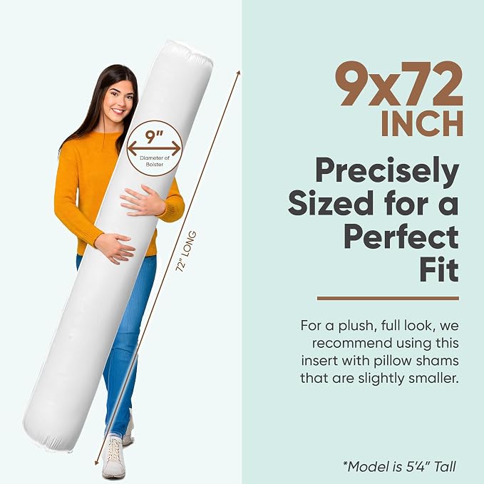 Pillowflex Bolster Pillow (9x72) - Round Roll Pillow Bolster Insert, Plush Polyester-Filled Insert for Decorative Shams, Odorless, Lint and Dust-Free Polyester Filling, No Lumps - (White)