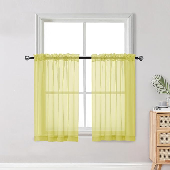 OWENIE Short Lemon Sheer Curtains 36 Inch Length 2 Panels Set, Kitchen Tiers Curtains Light Filter Rod Pocket Voile Cafe Curtain for Basement Bathroom Small Half Window, 42" W x 36" L, Lemon