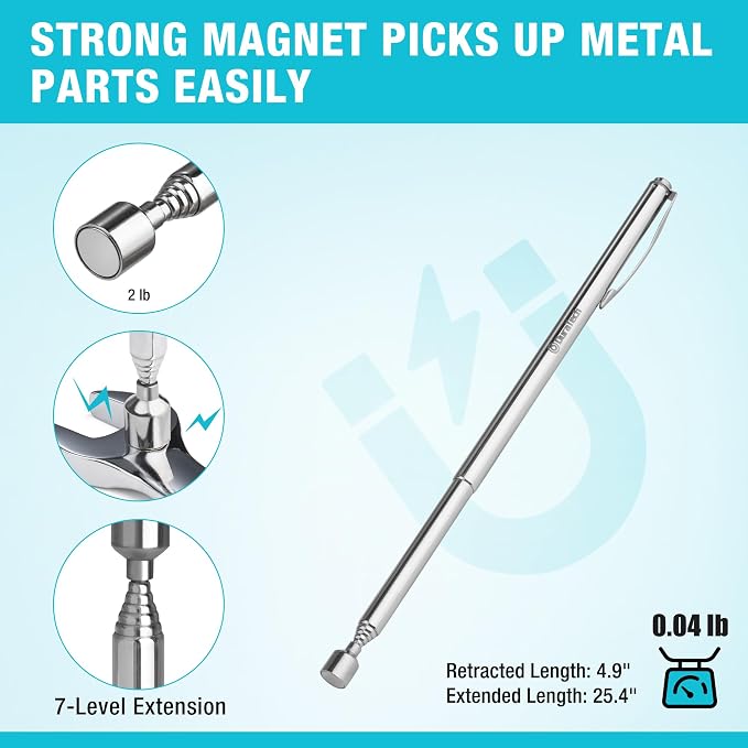 DURATECH Telescoping Back Scratcher and Pick-Up Tool Set with Pouch | Telescoping Back Scratcher Set with 5 Interchangeable Heads, 2 lb Magnetic Pickup Tool and Inspection Mirror, Extendable Use