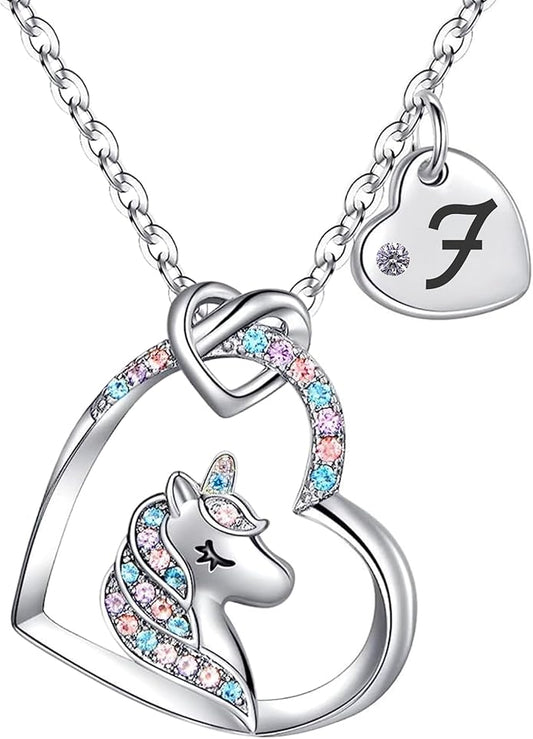 Valentines Day Gifts for Kids Girls - Unicorn Necklace for Girls with Initial Heart Pendant & Gift Box, 18K Gold Fashion Kids Jewelry, Colorful Heart Necklace for Birthdays & Costume Parties.