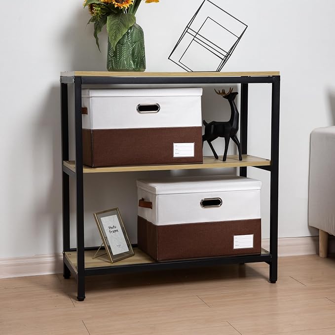 Foldable Storage Bins with Lids [3-Pack] Fabric Collapsible Storage Boxes Baskets Cubes Containers with Handles for Closet Living Room Bedroom (Brown & White 17.7x11.8x11.8'')