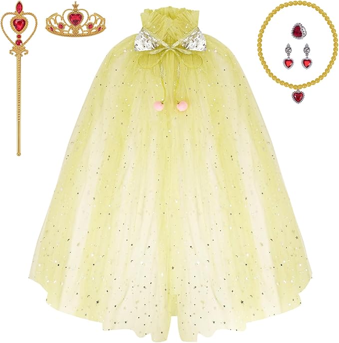 Princess Dress Up Clothes, 7pcs Princess Cape Crown with Wand for Girls 3-8 Years Toddler Princess Dress Up for Birthday Gift