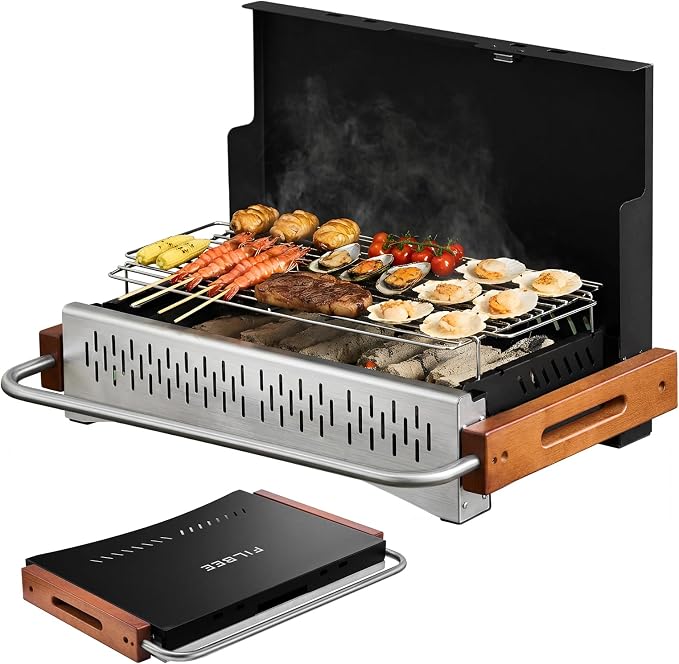 Portable BBQ Charcoal Grill, No Assembly Hibachi Grill for Camping | Height Adjustable 304 Stainless Steel Grate, Easy Clean Enamel Tray, Foldable Grill for Beach and Patio